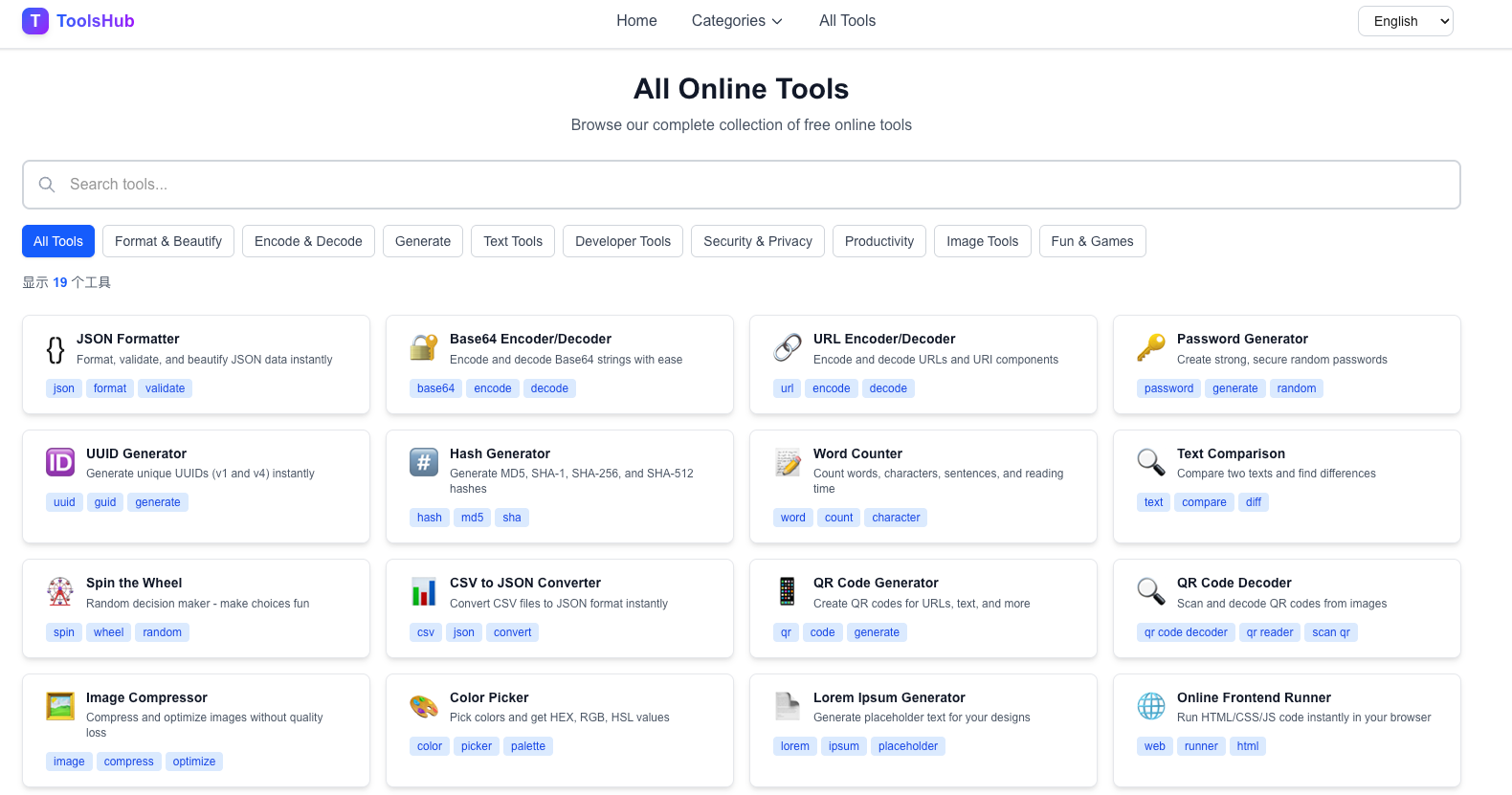 Free Online Tools - JSON, Base64, UUID, QR Code & More | ToolsHub